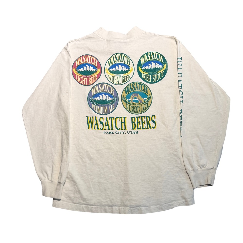 Vintage Wasatch Beers Long Sleeve Shirt Park City Utah Cream Large Mock Neck